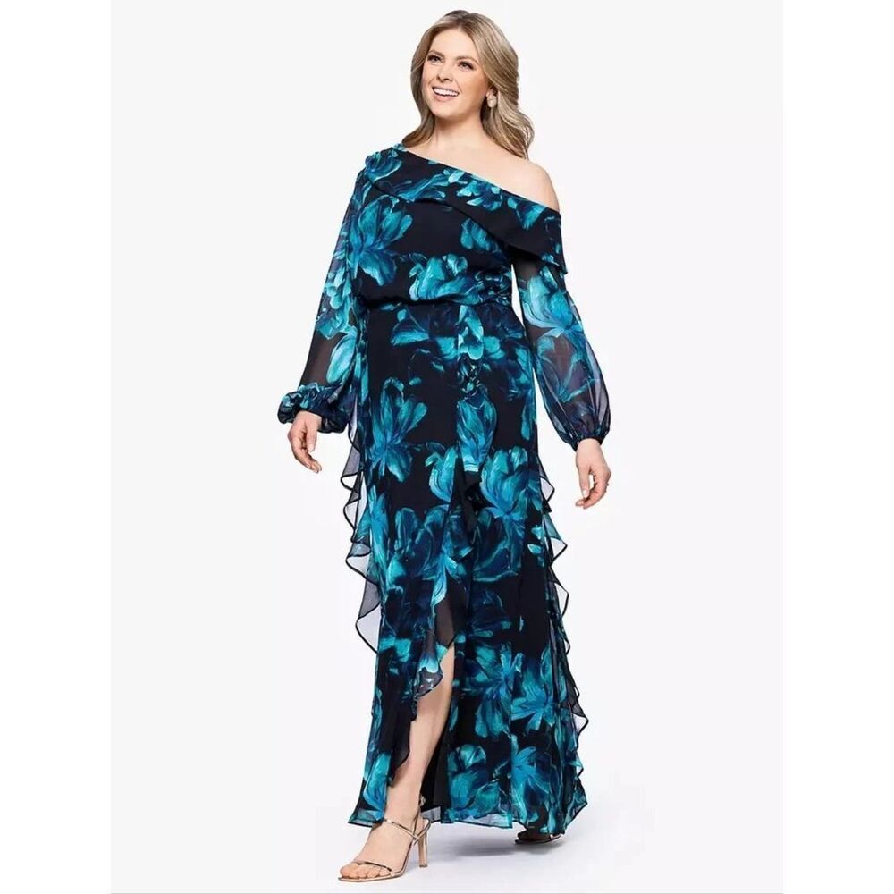 NWT XSCAPE Plus Size Printed Asymmetrical Long Sleeve Maxi Dress Size 18W 18